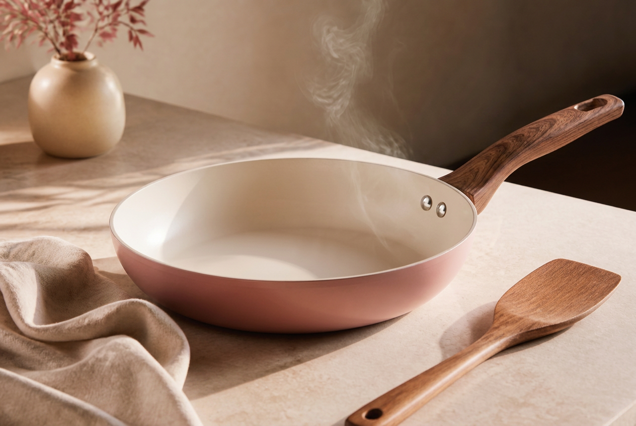 Blush pink Stellyfire forged ceramic frypan on a warm stone counter